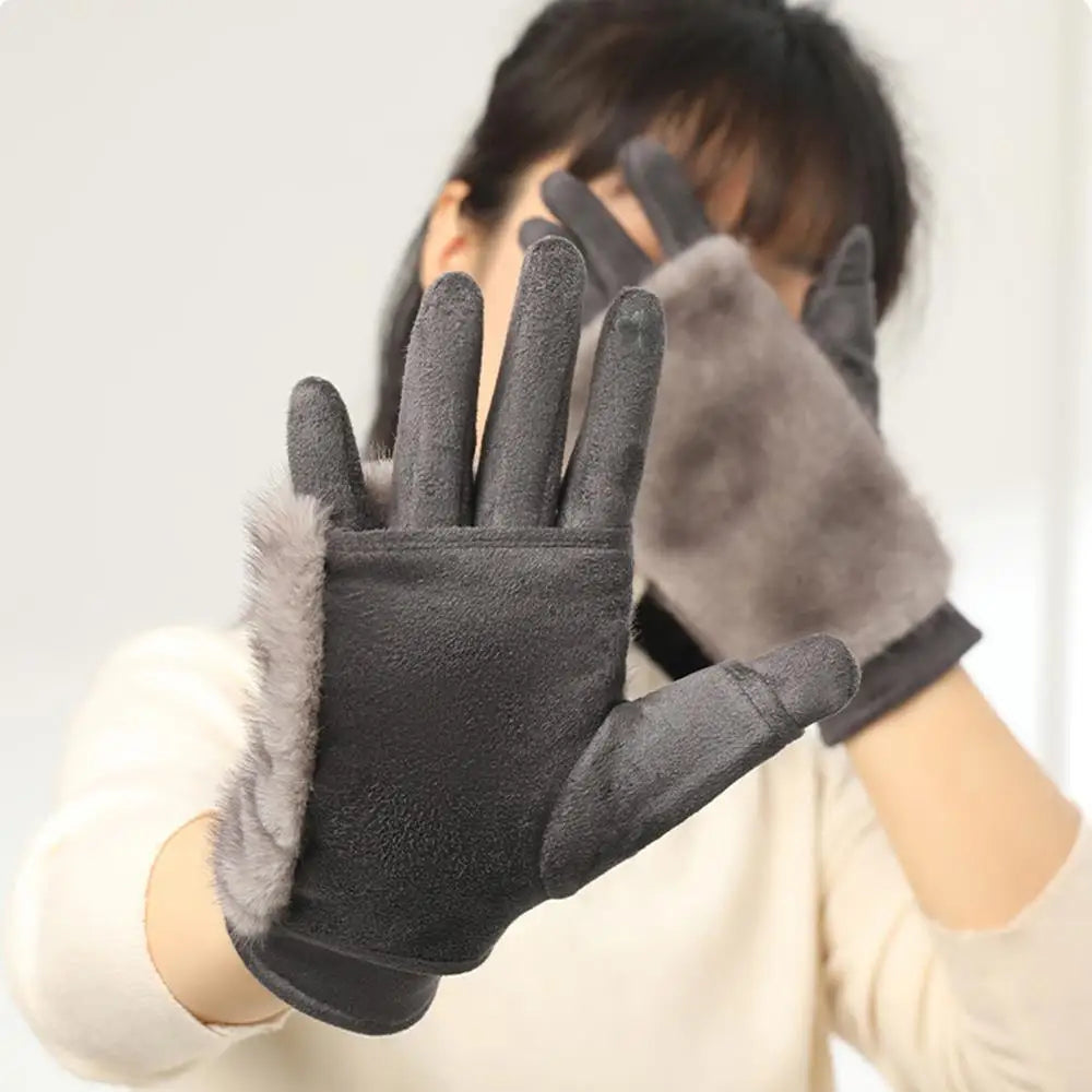 Luxurious Suede Rabbit-Fur Touchscreen Winter Gloves