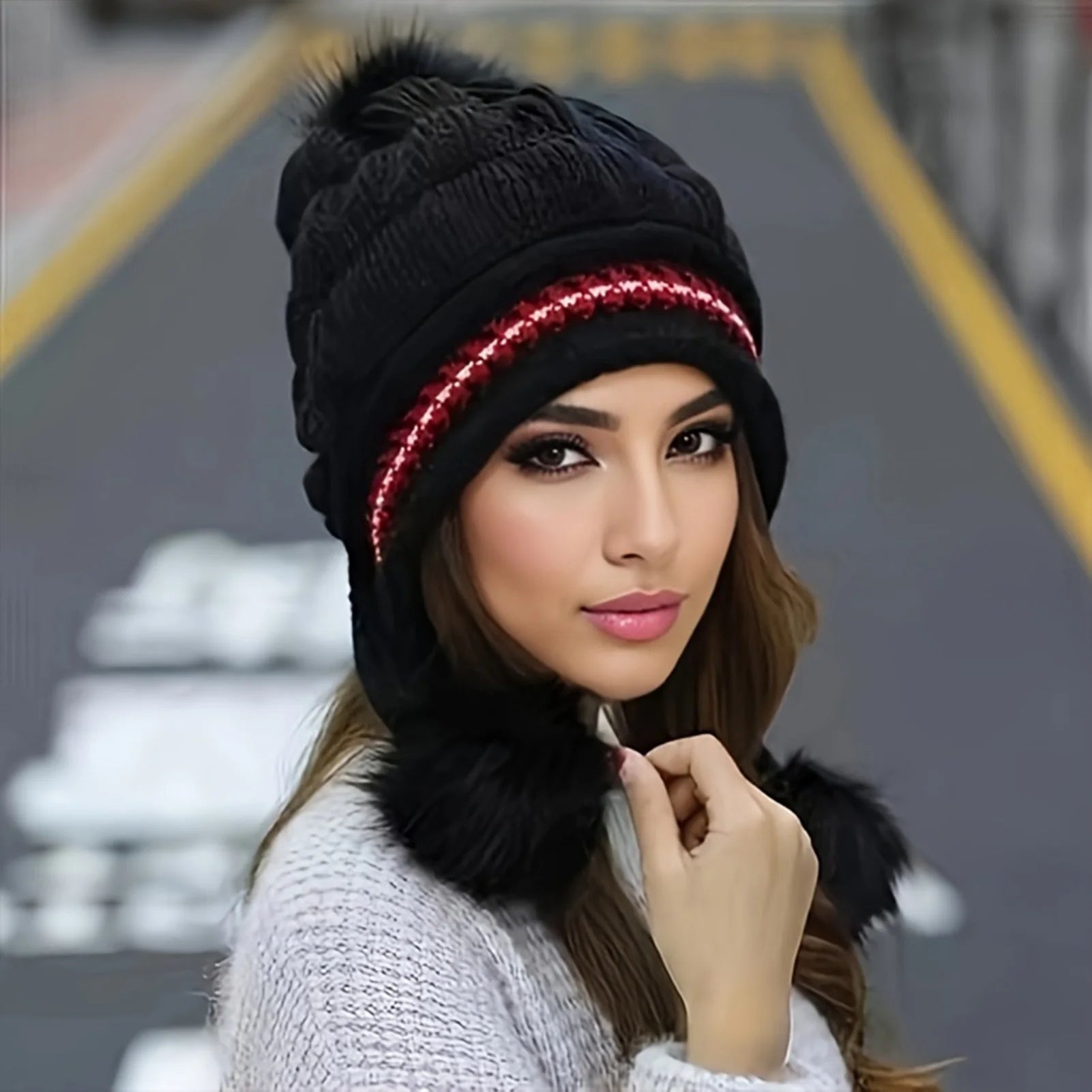 Cozy Fleece-Lined Winter Hat with Plush Faux Fur Pom-Pom