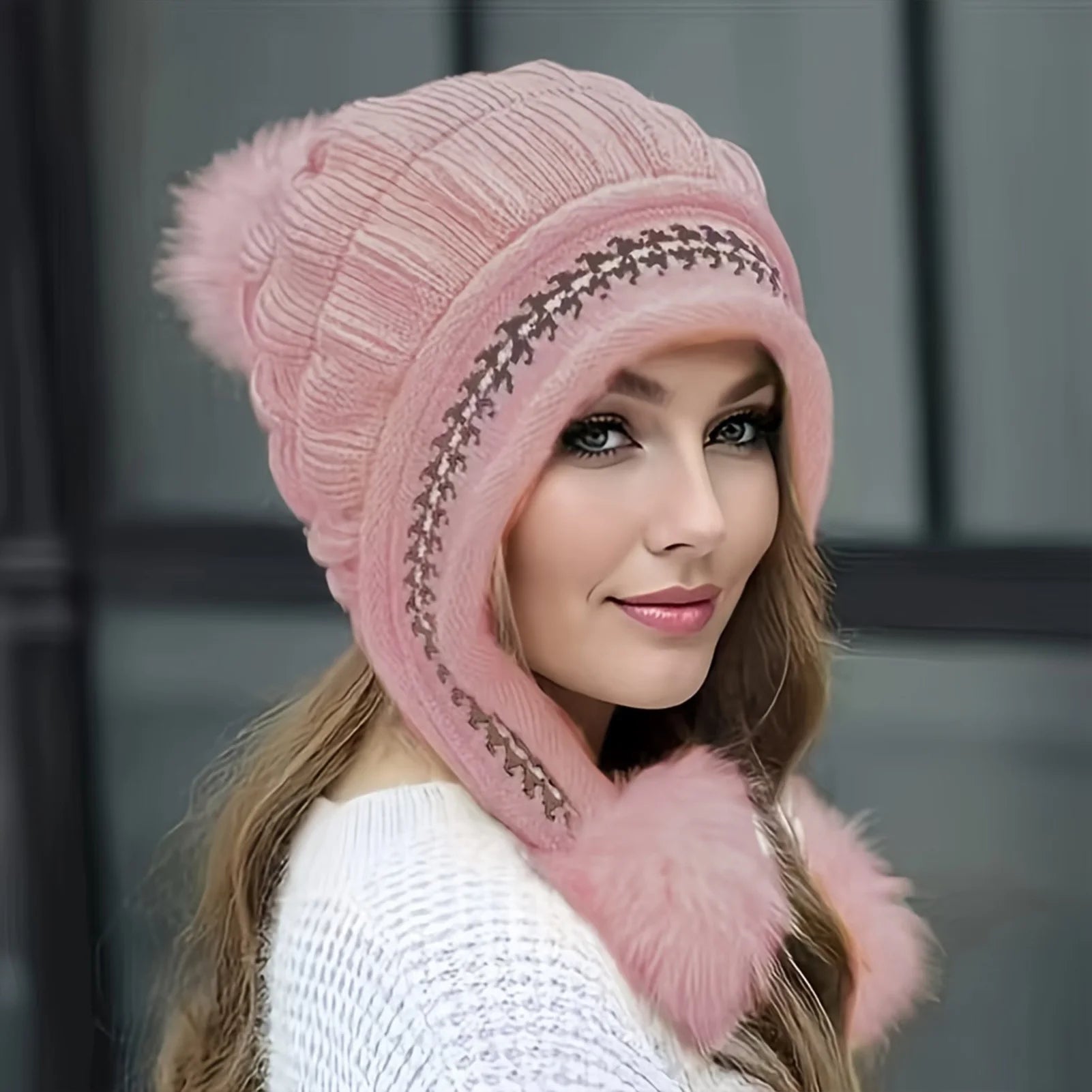 Cozy Fleece-Lined Winter Hat with Plush Faux Fur Pom-Pom