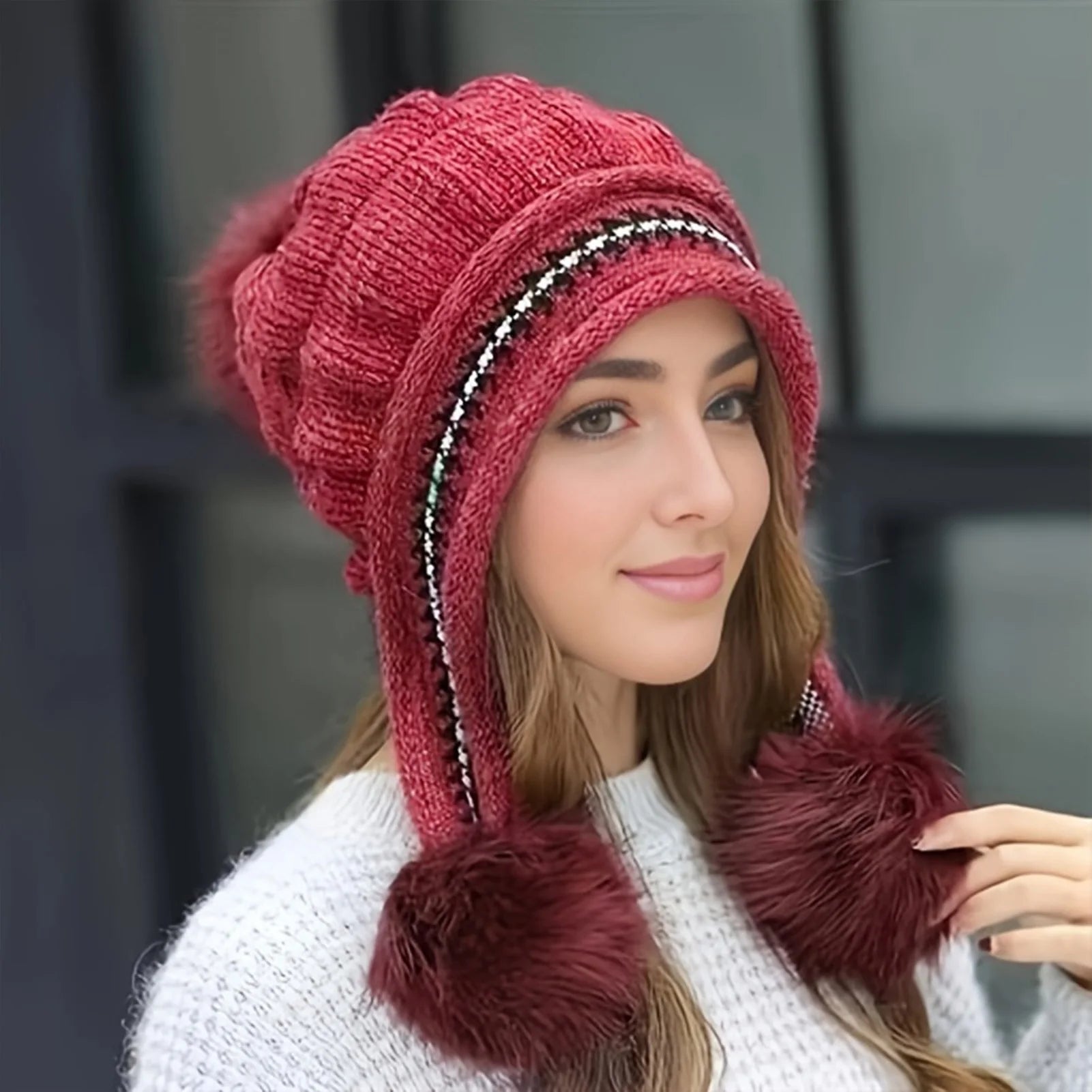 Cozy Fleece-Lined Winter Hat with Plush Faux Fur Pom-Pom