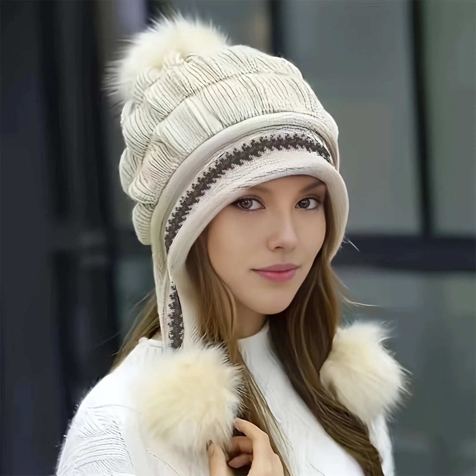 Cozy Fleece-Lined Winter Hat with Plush Faux Fur Pom-Pom