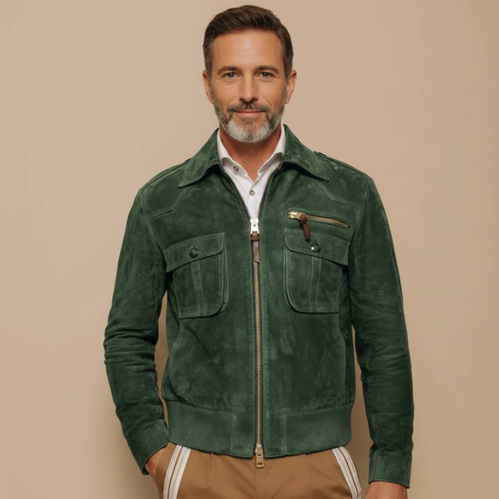 Men's Retro Lapel Suede Jacket with Zipper Chest Pocket