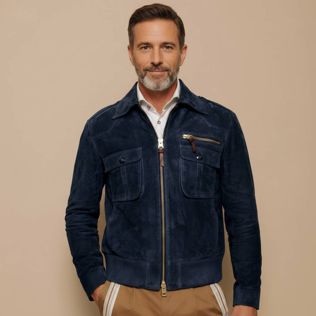 Men's Retro Lapel Suede Jacket with Zipper Chest Pocket