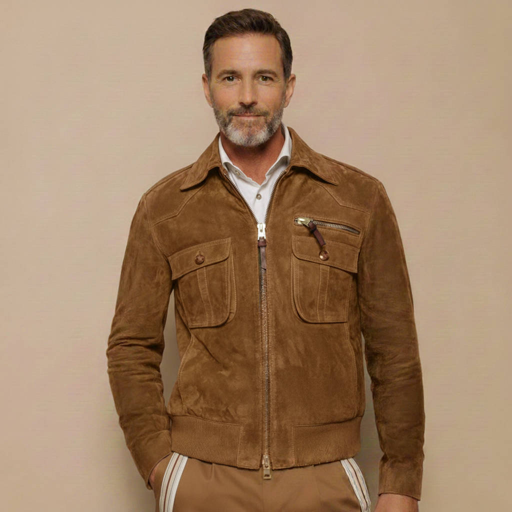 Men's Retro Lapel Suede Jacket with Zipper Chest Pocket