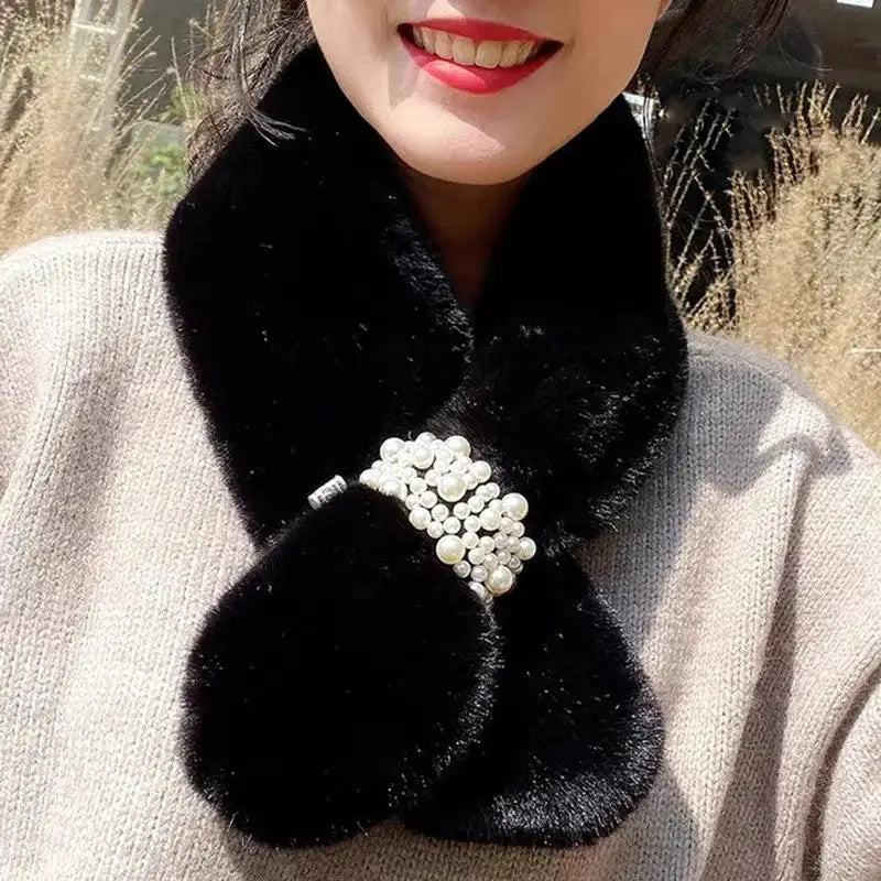 Luxurious Faux-Fur Pearl-Embellished Winter Scarf