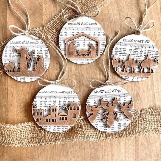 Nativity-Inspired Music Sheet Ornament Collection