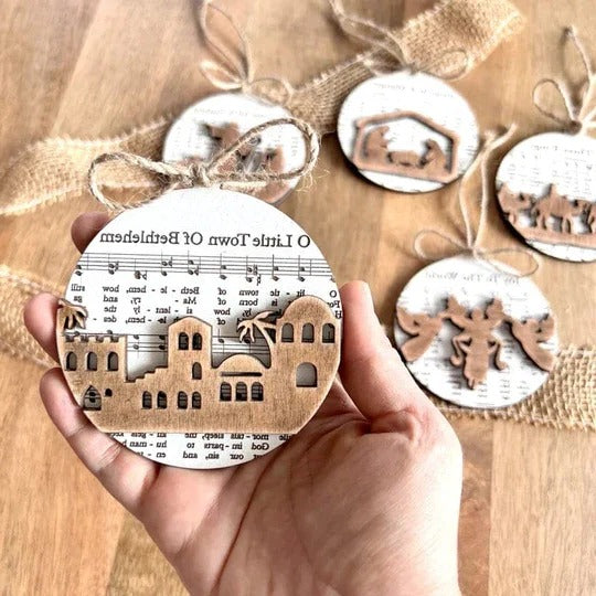 Nativity-Inspired Music Sheet Ornament Collection