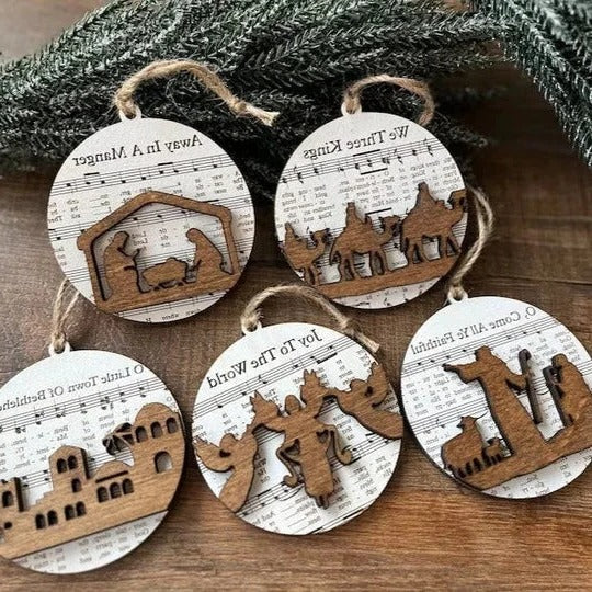 Nativity-Inspired Music Sheet Ornament Collection