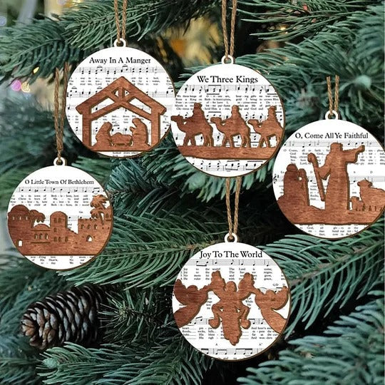 Nativity-Inspired Music Sheet Ornament Collection