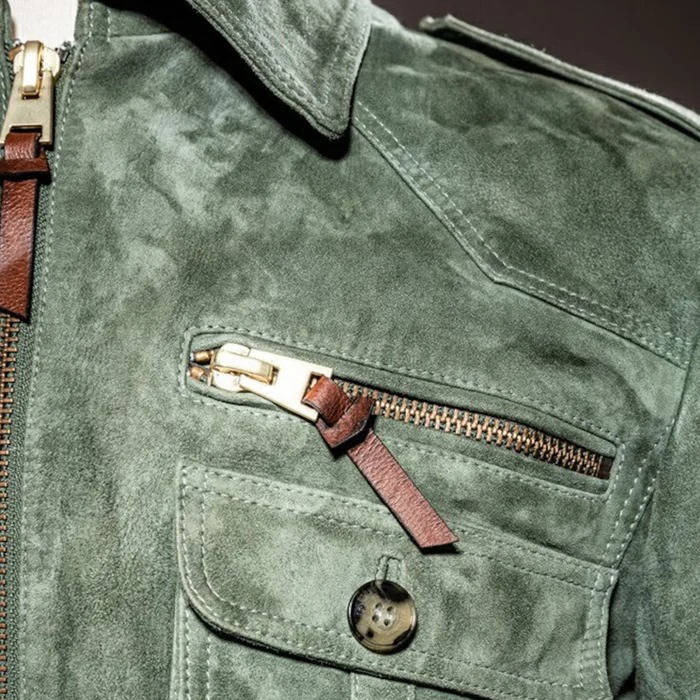 Men's Retro Lapel Suede Jacket with Zipper Chest Pocket