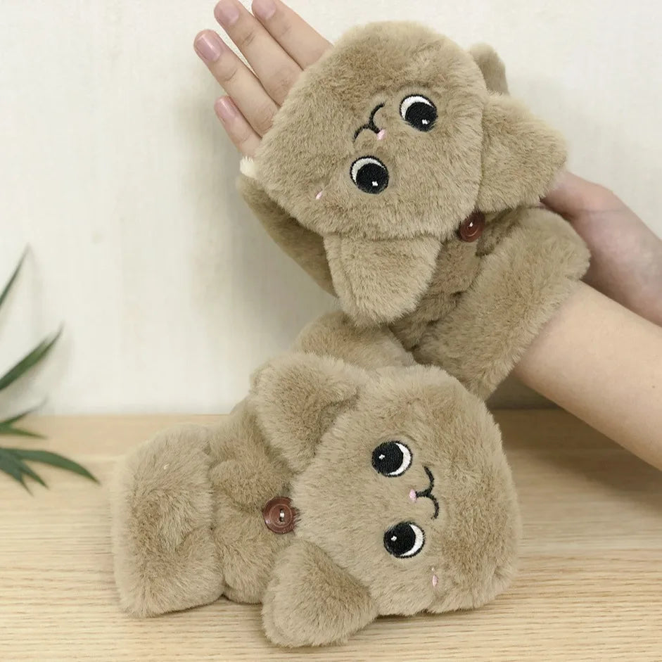 Cozy Plush Animal Fingerless Gloves