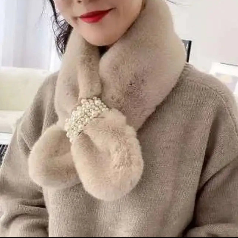 Luxurious Faux-Fur Pearl-Embellished Winter Scarf