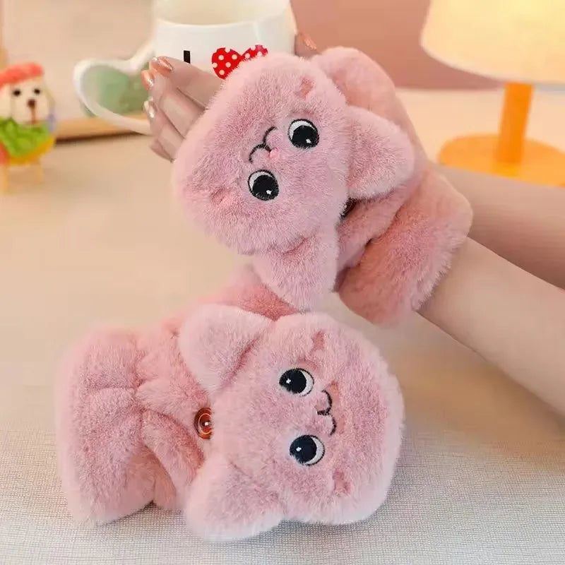 Cozy Plush Animal Fingerless Gloves