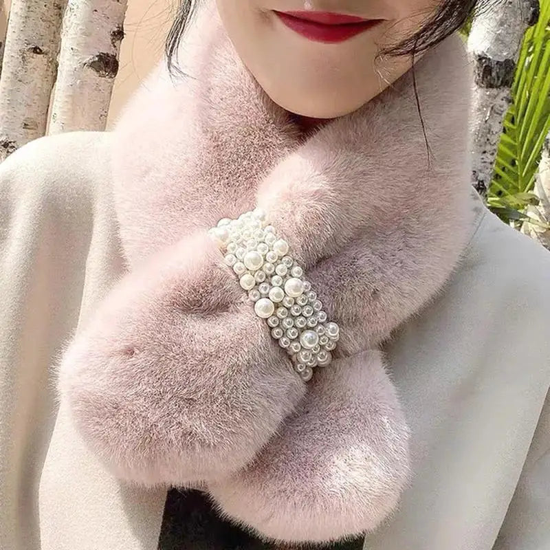 Luxurious Faux-Fur Pearl-Embellished Winter Scarf