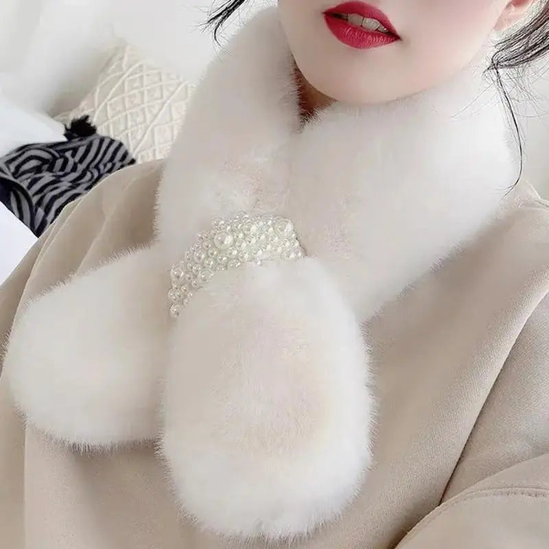 Luxurious Faux-Fur Pearl-Embellished Winter Scarf